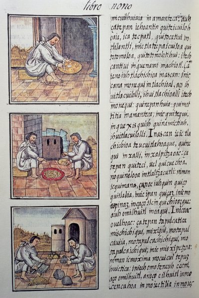 Goldverarbeitung nach der spanischen Eroberung, Seite aus dem Florentiner Kodex, Allgemeine Geschichte der Dinge von Neuspanien, von Fray Bernardino de Sahagun von William M. Timlin