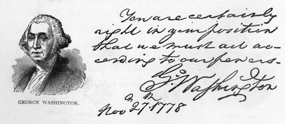 Handschrift und Unterschrift von George Washington aus einem Brief über Washingtons Pläne für die Armee im Winter, geschrieben in Fredericksburg an Gouverneur Morris, 27. November von Unbekannt