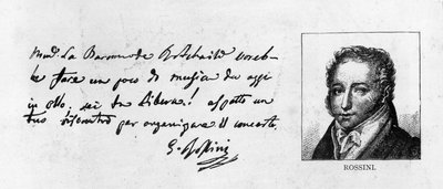 Handschrift und Unterschrift von Rossini aus einem Brief zur Organisation eines Konzerts für Baronne de Rothschild von Unbekannt