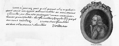 Handschrift und Unterschrift von Voltaire, aus einem Brief geschrieben in Colmar an den französischen Minister am Hof von Friedrich dem Großen in Berlin, den Chevalier de la Touche, 3. März von Unbekannt