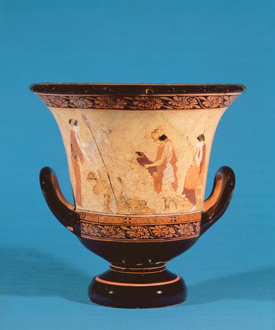 Kalyx-Krater, der Hermes zeigt, wie er den Säugling Dionysos zu den Nymphen bringt, etruskisch, ca. 460 v. Chr. von Unbekannt