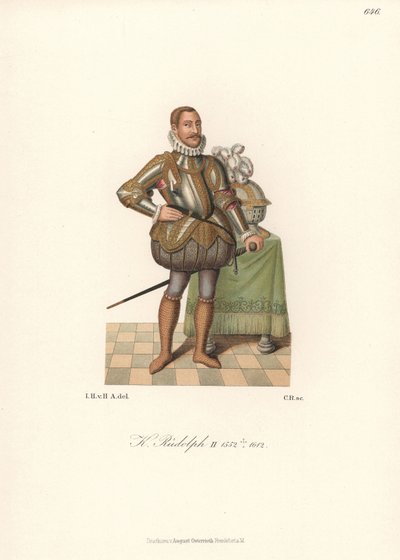König Rudolf II., Heiliger Römischer Kaiser, König von Böhmen, Erzherzog von Österreich (1552-1612). In Spitzenkrause, Plattenpanzer mit Gold verziert, geschlitzte gepolsterte Hosen und Kettenhemdsocken. Chromolithographie aus Hefner-Alteneck