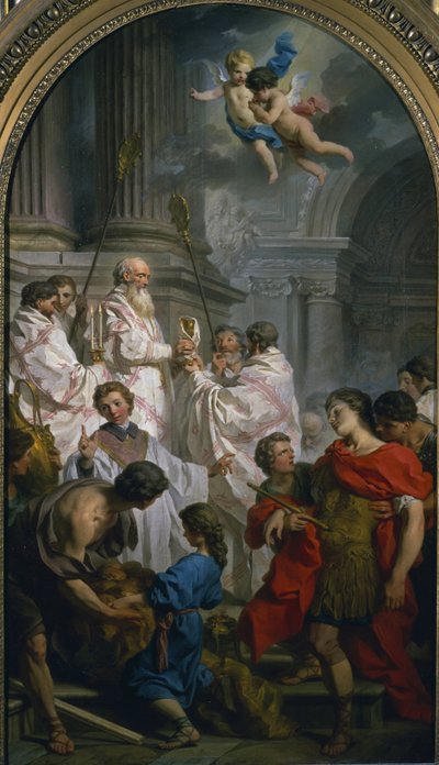 Die Messe des griechischen Ritus von St. Basilius von Cäsarea oder Basilius der Große (330-379), und Ohnmacht des byzantinischen Kaisers Valens, Beschützer der arianischen Häresie. St. Basilius von Cäsarea verteidigt die Nizäner gegen die Arianer von Alec Hunter