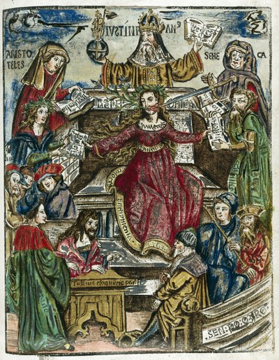 Die Zweige des Wissens 16. Jahrhundert: jeder dargestellt durch verschiedene Persönlichkeiten: oben, Aristoteles (384-322 v. Chr.) für die Philosophie und Seneca (Lucius Annaeus Seneca, 4 v. Chr.-65) für die Moral von Unbekannt