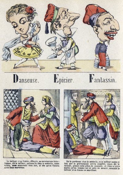 Buchstaben D, E und F: Tänzer, Lebensmittelhändler und Infanterie. Alphabet des orientalischen Märchens. Epinal-Bildgebung, um 1890. Beliebte Serie. Kleines Heft mit 8 Seiten. von Unbekannt