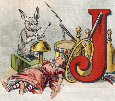 Buchstabe J: Spielzeuge. Gravur in "Alphabet de ma petite fille". Bernardin-Bechet und Fils, Buchhändler-Verleger, Paris, um 1895. Unzerbrechliches Album auf Leinwand. Bibliotheque des Bebes. 12 Seiten. Album mit einer Lesemethode und einem illustrierten A von Unbekannt