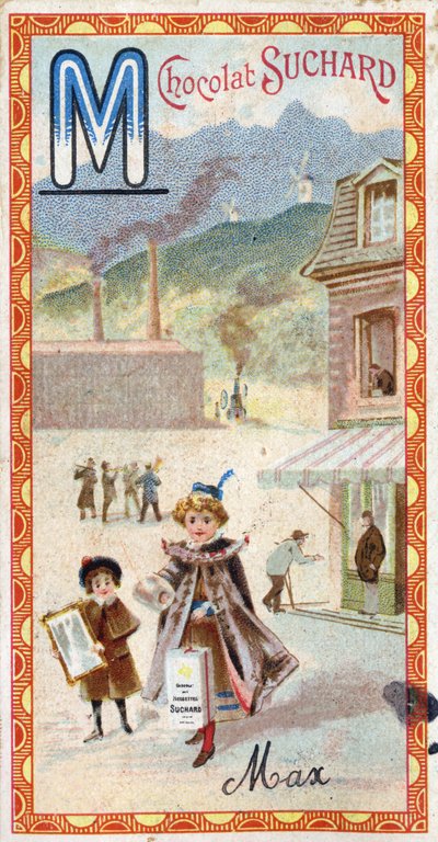 Buchstabe M: Berg, Spiegel, Maschine, Herstellung, Mantel, Bettler, Mühle. Gravur des Alphabets herausgegeben von Chocolat Suchard, Anfang des 20. Jahrhunderts. 24 Chromolithographien, die Orte, Charaktere und Objekte darstellen, die im Bild entdeckt werde von Unbekannt