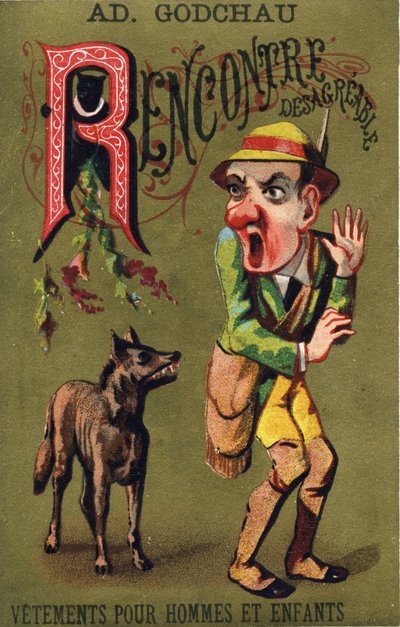 Buchstabe R: Unangenehme Begegnung. Gravur in "Alphabet des grotesques". Serie von 25 Werbe-Chromolithographien auf goldenem Hintergrund, Ende des 19. Jahrhunderts. von Unbekannt