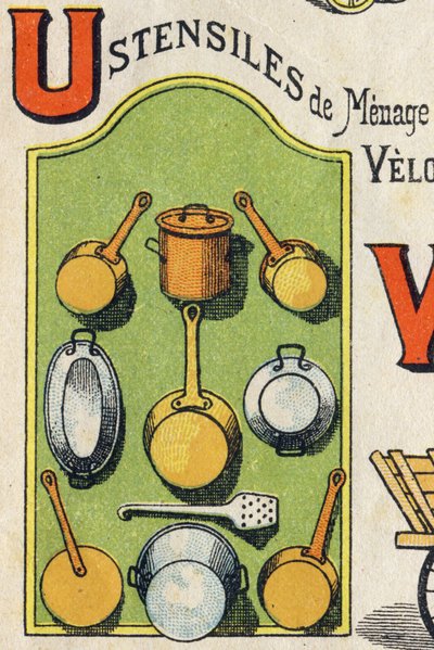 Buchstabe U. Cocote, Herd, Eichhörnchen, Kochtopf... Gravur in "ABC Toys". Epinal-Bildgebung in Chromolithographie, um 1890. Kleines Heft mit 8 Seiten. von Unbekannt