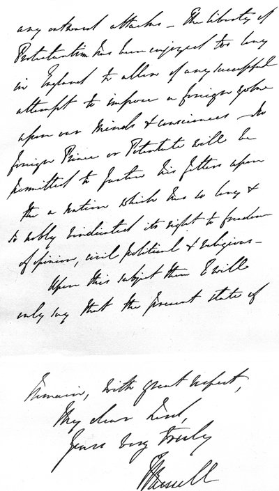 Brief von Premierminister Lord John Russell an den Bischof von Durham, in dem er die Aggression des Papstes durch die Errichtung römisch-katholischer Bistümer in England verurteilt, geschrieben in Downing Street, 4. November von Unbekannt