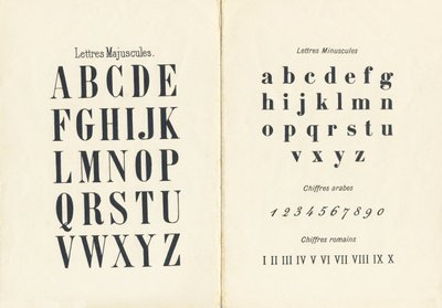 Großbuchstaben, Kleinbuchstaben, arabische und römische Ziffern - Gravur aus ABCD der kleinen Mädchen. Pellerin & Cie, Drucker-Verleger, Epinal, um 1890. Serie A. Maße: 19 x 13,5 cm. von Unbekannt