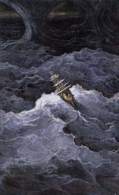 Literatur: Boot in der Mitte des Meeres. Illustration des Romans von Samuel Taylor Coleridge (1772-1834) „Rime of the Ancient Mariner“. Farbgravur nach einer Illustration von Gustave Doré von Unbekannter Künstler
