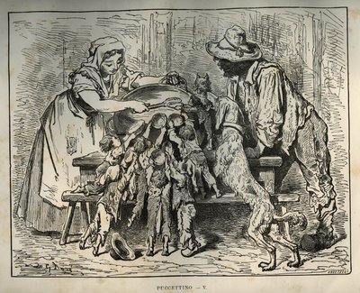 Kleiner Poulet und seine hungrigen Brüder. Gravur von Gustave Doré (1832-1883) aus „Les contes“ von Charles Perrault (1628-1703) von Unbekannt