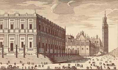 Lonja de Comercio und Teilansicht der Kathedrale von Sevilla. Gravur. Spanien. Madrid. Nationalbibliothek von Unbekannter Künstler