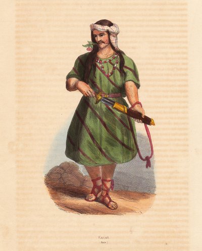Mann des Karen-Stammes (Karene oder Karyang) (Burma, Myanmar) - Mann des Karen-Stammes aus dem Süden Burmas - Handkolorierter Holzschnitt aus „Mores, Uses et Costumes de tous les Peoples du Monde, Asie“ von Auguste Wahlen, Pseudonym von Jean Francois Nicol von Unbekannter Künstler