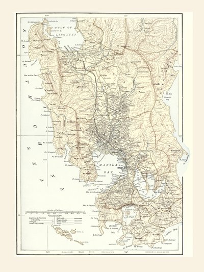 Karte von Manila, Philippinen und dem Kriegsschauplatz während des Spanisch-Amerikanischen Krieges von 1898 von Unbekannt