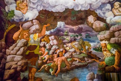 Berühmtestes Fresko des Manierismus: Giulio Romanos Illusion erfindet eine Kuppel und löst die Architektur des Raumes in den Fall der Giganten auf, Saal der Giganten von Unbekannter Künstler
