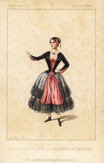 Mrs. Elisabeth Augustine Bressant als Nini Pompon in les Deux Compagnons du Tour de France von Lockroy und Wailly, Theatre des Varietes von Unbekannter Künstler