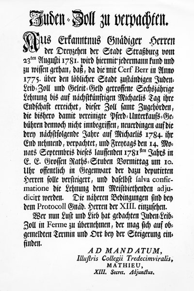Mitteilung des Straßburger Regierungsorgans der Dreizehn (Tredecim Viri) über eine öffentliche Versteigerung des Rechts zur Erhebung des 