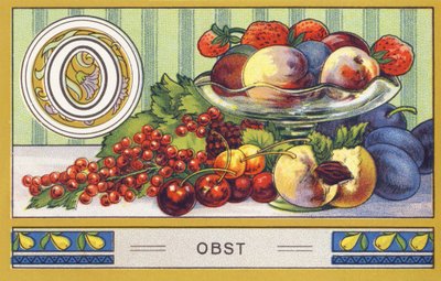 O: Obst - Alphabet Palmin. Serie von Chromolithographien herausgegeben von H. Schlinck & Cie, Hamburg. Werbung für Palmin feinstes Kokosfett. von William M. Timlin