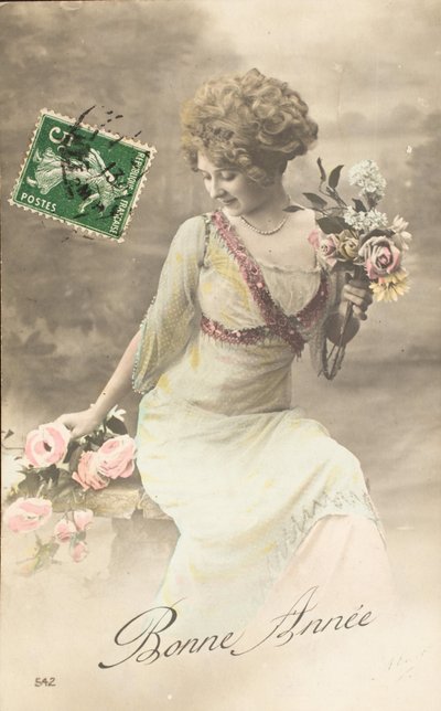 Alte Postkarte Frohes Jahr Wunsch Frau Belle Epoque von William M. Timlin