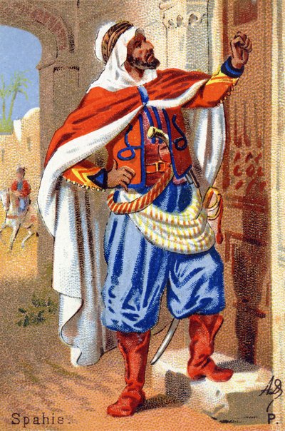 P: Spahis. Gravur in "Militäralphabet". Initialen des Illustrators: A. D. Unbekannter Verlag. Chromolithographien Ende des 19. Jahrhunderts. von Unbekannt