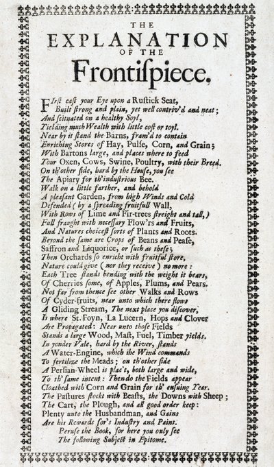 Titelseite und Erklärung in Gedichtform der 4. Ausgabe von Systema agriculturae: das Geheimnis der Landwirtschaft entdeckt von John Worlidge (aktiv 1669-1698), veröffentlicht in London 1697 von Unbekannt