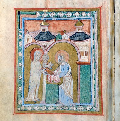 Seite eines Kodex, die die Darstellung im Tempel zeigt, Schatzkammer der Kathedrale von Vercelli von Unbekannt