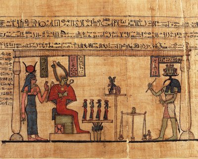 Papyrus aus dem Ersten Buch des Atmens von Ousirour, Thoth wiegt die Seele von Ousirour vor Isis und Osiris von Alec Hunter