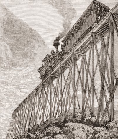Teil einer vier Kilometer langen Eisenbahn in New Hampshire, USA, gebaut für Freizeitreisen und um Passagieren Panoramablicke zu bieten, ca. 1880, aus 