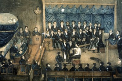 Aufnahme eines Maurers in eine Loge, ca. 1820 (Aquarell) von Unbekannter Künstler