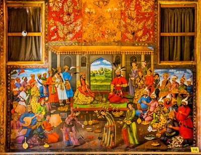 Empfang des Mogulherrschers Humayun 1544, Fresken mit höfischen Szenen und Kampfszenen, Chehel Sotoun Palast, Isfahan, Iran, Asien (Foto) von Unbekannter Künstler