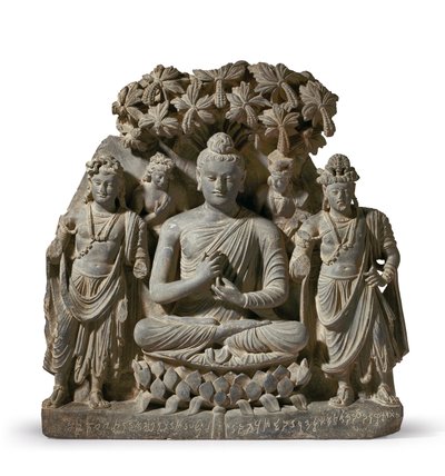 Relief-Triade von Buddha Shakyamuni mit Bodhisattvas, 3.-4. Jahrhundert von Unbekannter Künstler