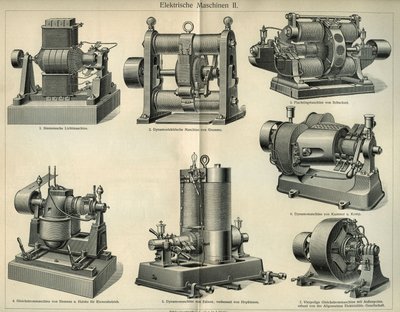 Wissenschafts- und Technologiebrett, das deutsche elektrische Maschinen darstellt. Illustration aus „Meyers Großes Konversations-Lexikon“ 1904. Bibliographisches Institut, Leipzig und Wien von Unbekannt