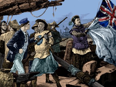 Zweiter Opiumkrieg: Chinesische Beamte reißen die britische Flagge auf dem Schiff Arrow herunter von Unbekannter Künstler