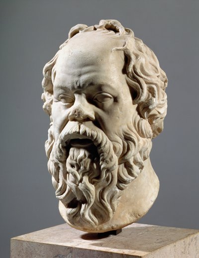 Sokrates, Marmorkopf, Kopie von einer Bronze aus dem Pompeion in Athen, hergestellt von Lysippus, klassisch griechisch, ca. 330 v. Chr. von Unbekannt