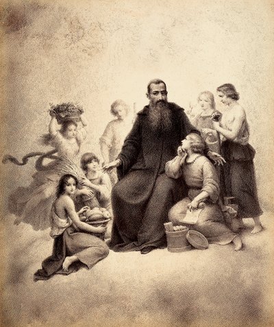 Der heilige Benedikt auf dem Thron ist umgeben von Jugendlichen mit Weizenbündeln und Obstkörben. Illustration des Canto XXXII in Paradiso aus der Göttlichen Komödie von Dante Alighieri. Werk von Francesco Scaramuzza, gewidmet der Gemeinde Florenz. von Unbekannter Künstler
