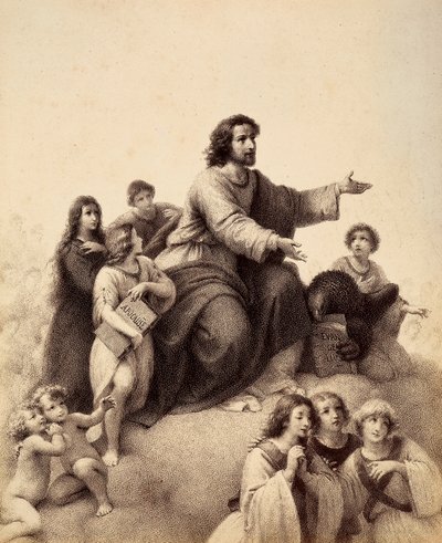 St. Johannes der Evangelist mit ausgestreckten Armen ist von Jugendlichen und Engeln umgeben; zu seinen Füßen hält ein Adler das Evangelium in seinen Klauen; ein Jugendlicher, rechts vom Heiligen, hält das Buch der Apokalypse (Die Offenbarung). Illustratio von Unbekannter Künstler