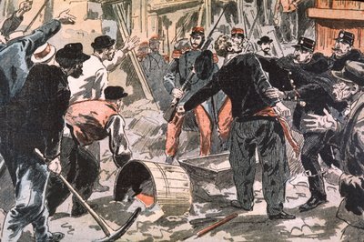 Kampf zwischen bretonischen Streikenden und Ordnungskräften auf einer Baustelle, Paris, frühes 20. Jahrhundert (Gravur) von Unbekannter Künstler