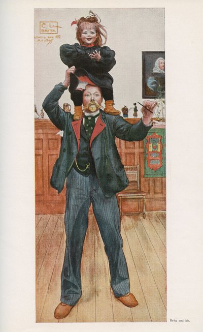 Schwedischer Illustrator Carl Larsson (1853-1919) mit seiner Tochter Brita. Aquarell aus „Das Haus in der Sonne“ 1921 von Unbekannt