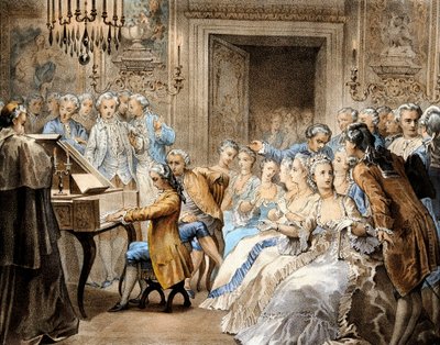 Der österreichische Komponist Wolfgang Amadeus Mozart (1756-1791) im Alter von 14 Jahren, wie er Gregorio Allegris „Miserere“ aus dem Gedächtnis nachspielt von Unbekannter Künstler