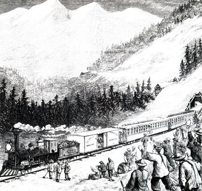 Die Pazifik-Eisenbahn in den Sierra Nevada-Bergen von Unbekannt