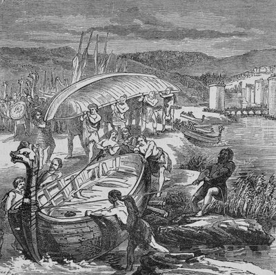 Die Wikinger mussten ihre Boote aus dem Wasser ziehen und transportieren, um Wetten zu umgehen (Gravur) von Unbekannter Künstler