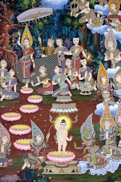 Die Geburt des Säuglings Siddhartha, Wandfresko, Wat Maniratanaram Kloster, Phnom Penh, 2022 (Foto) von Unbekannter Künstler