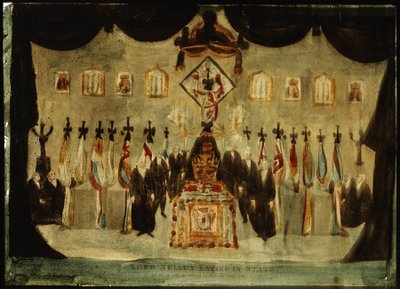 Der Leichnam von Horatio Nelson (1758-1805) ruht in der bemalten Halle des ehemaligen Royal Naval College in Greenwich während der Beerdigung am dritten Tag, das schwarze Tuch, das den Sarg bedeckt, wird entfernt, und Wachen in schwarzer Kleidung stehen au von Unbekannter Künstler