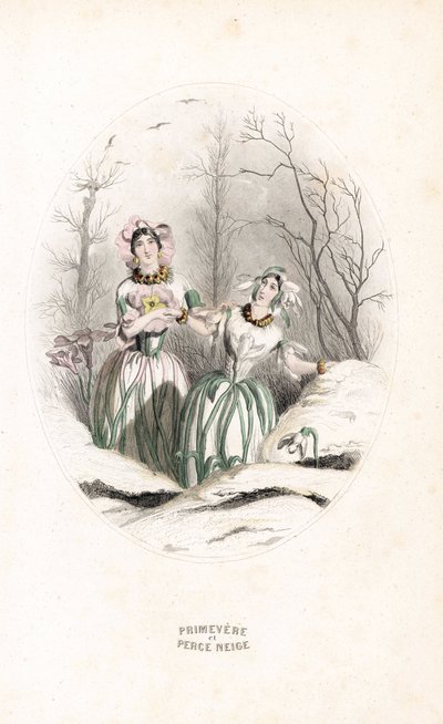Die Feen durchbohren Schnee und Primeln in einer verschneiten Landschaft - Radierung von Charles Geoffroy nach einer Illustration von Jean Ignace Isidore Gerard dit J.J.Granville für Les fleurs animées von Unbekannter Künstler