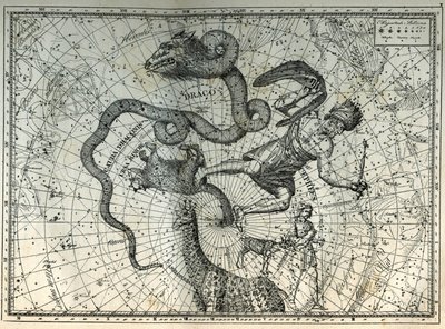 Die nahegelegenen Sternbilder des Nordpols: Kleiner Bär, Drache, Kepheus, Giraffe, Rentier und Messier. Gravur aus Camille Flammarions „Les étoiles et les autres curiosités du ciel“ von Unbekannt