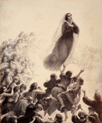 Die Geister der Seligen begleiten mit ausgestreckten Armen und Gesang Marias Rückkehr ins Empyreum. Illustration des Canto XXIII in Paradiso aus der Göttlichen Komödie von Dante Alighieri. Werk von Francesco Scaramuzza, gewidmet der Gemeinde Florenz von Unbekannter Künstler
