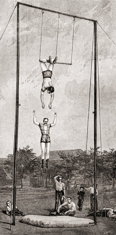 Trapezkünstler im 19. Jahrhundert, aus The Century Magazine, veröffentlicht 1887 (Gravur) von Unbekannt