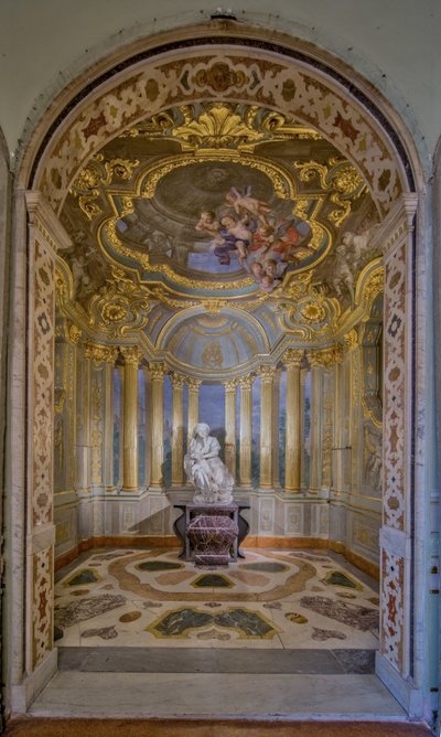 Ansicht der Kapelle mit Fresken von Lorenzo de Ferrari und der Statue von Pierre Puget, Palazzo Carrega-Cataldi (ehemaliger Palazzo Tobia Pallavicini), Genua, Ligurien, Italien von Unbekannter Künstler